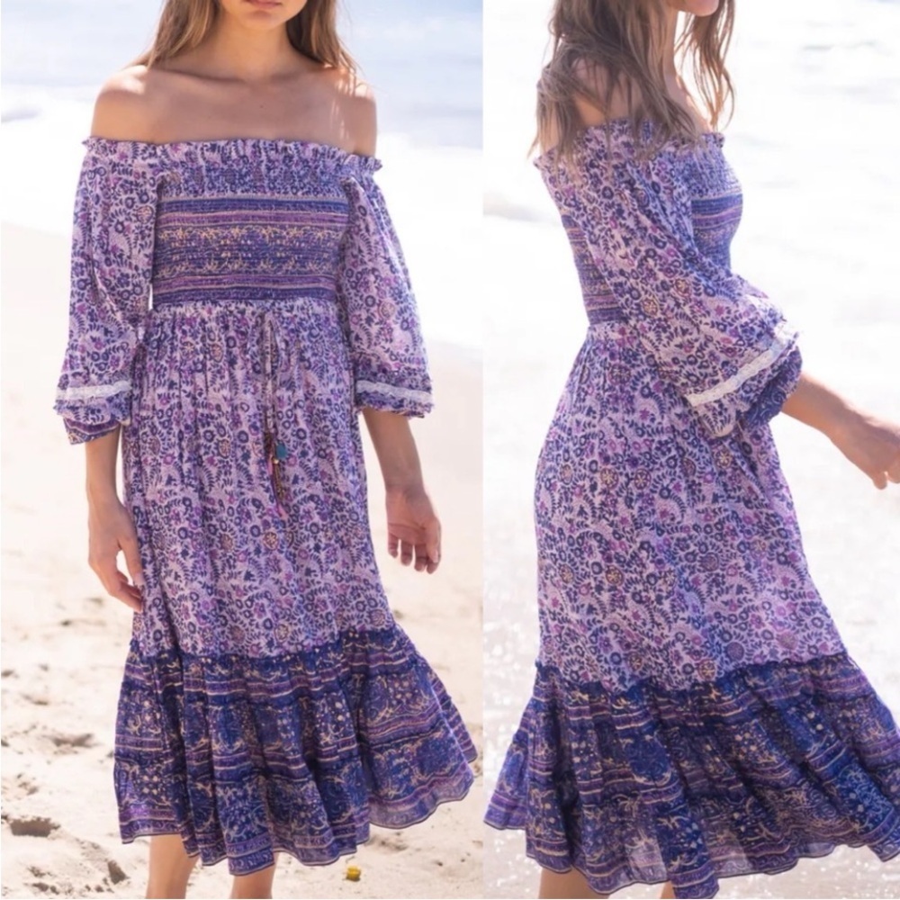 Alicia Bell Dress Purple Pink Cotton Silk Boho Midi New Millie Peasant Bell